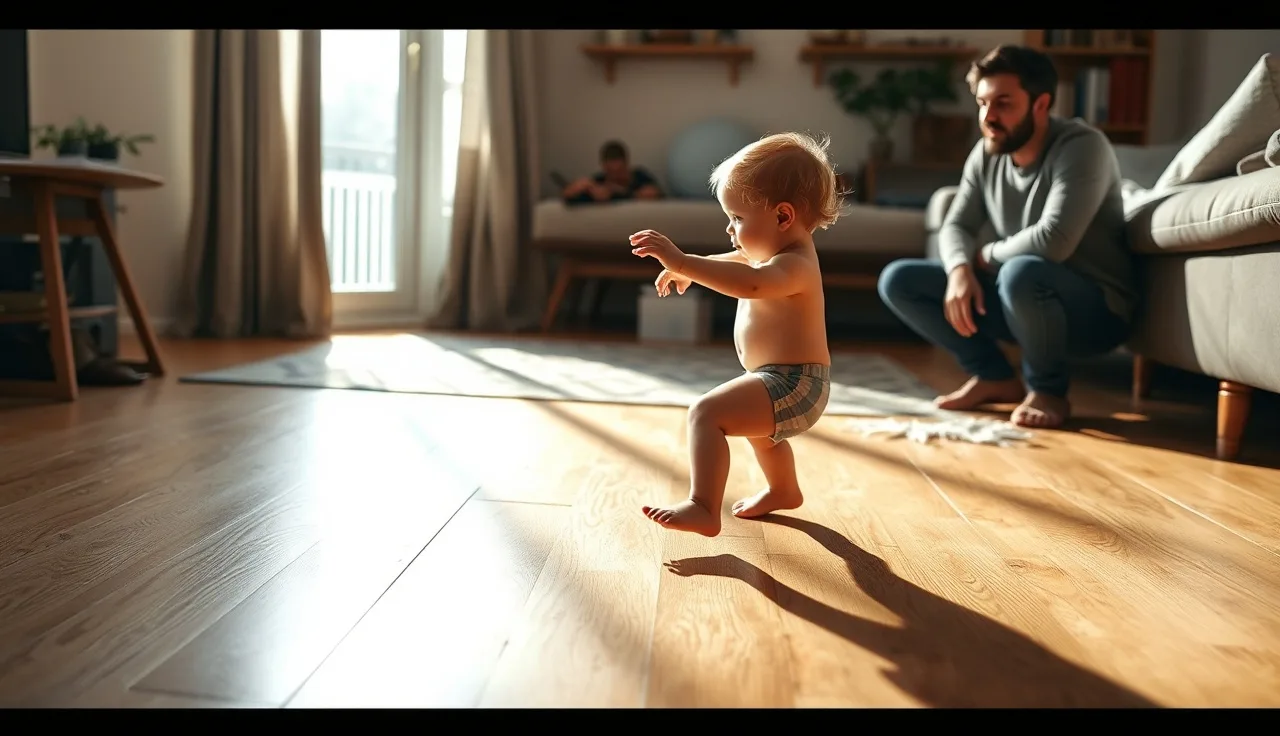 Young child doing a bear walk on wooden floor as parent watches nearby
