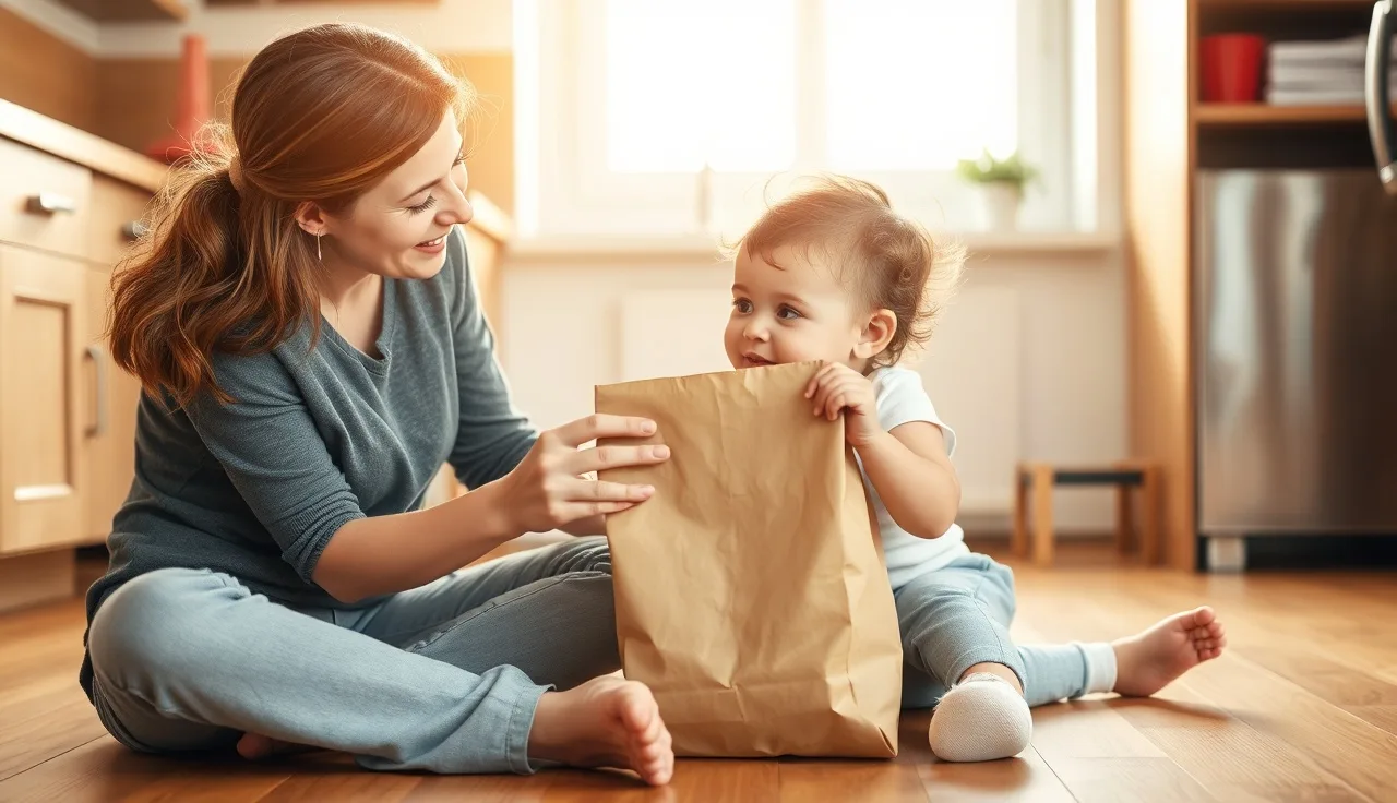 Mother holding mystery bag toward toddler during question-asking activity at home