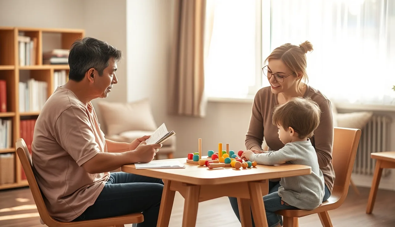 Parent and toddler sitting with speech therapist during first evaluation session