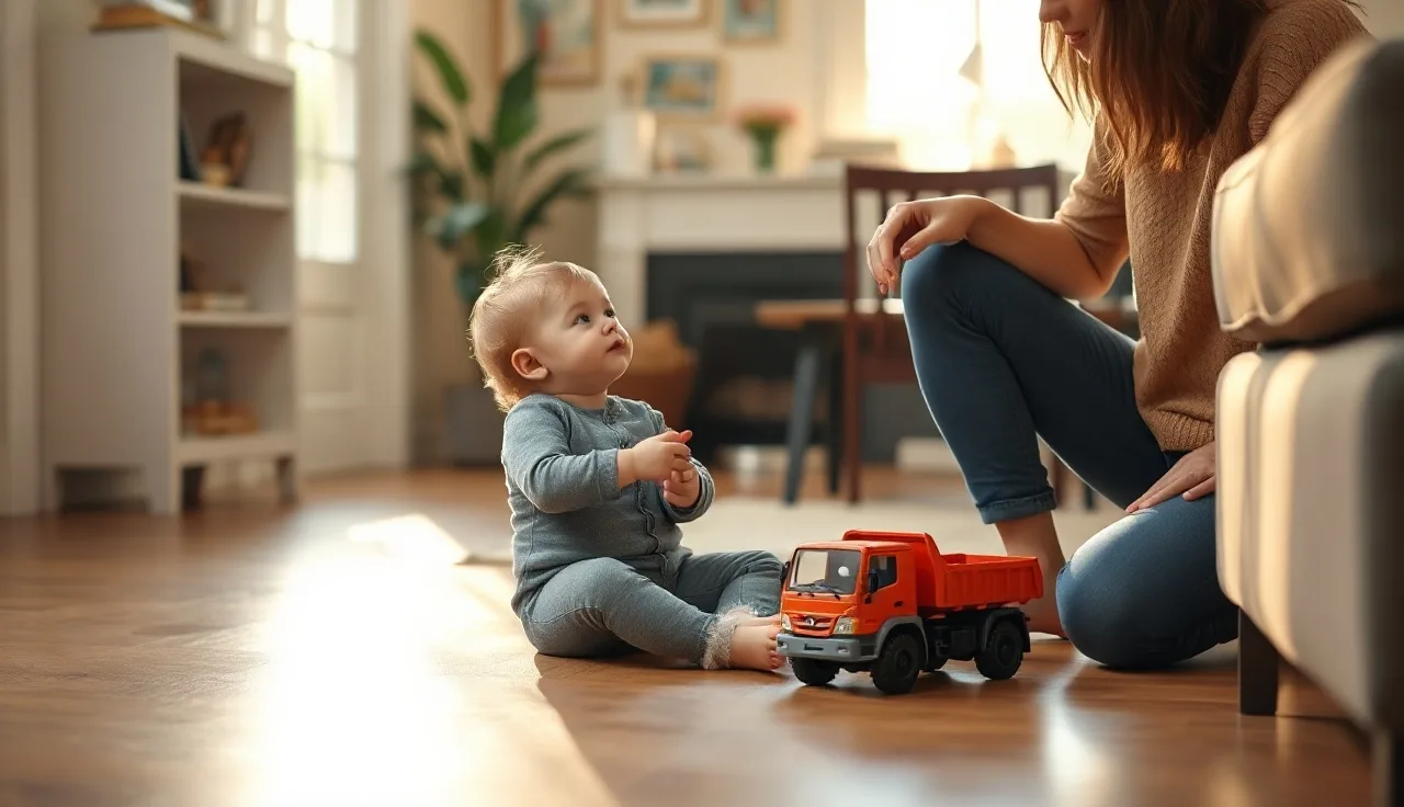 Toddler holding a toy truck looks up at adult during a conversation at home