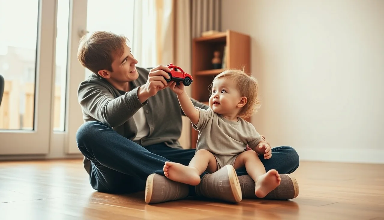 Parent and toddler on floor during receptive language activity with toy car