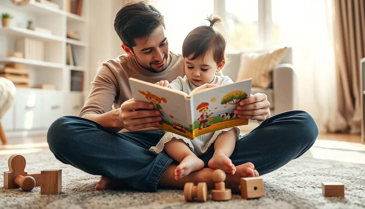 Parent and toddler reading a picture book together on a living room floor