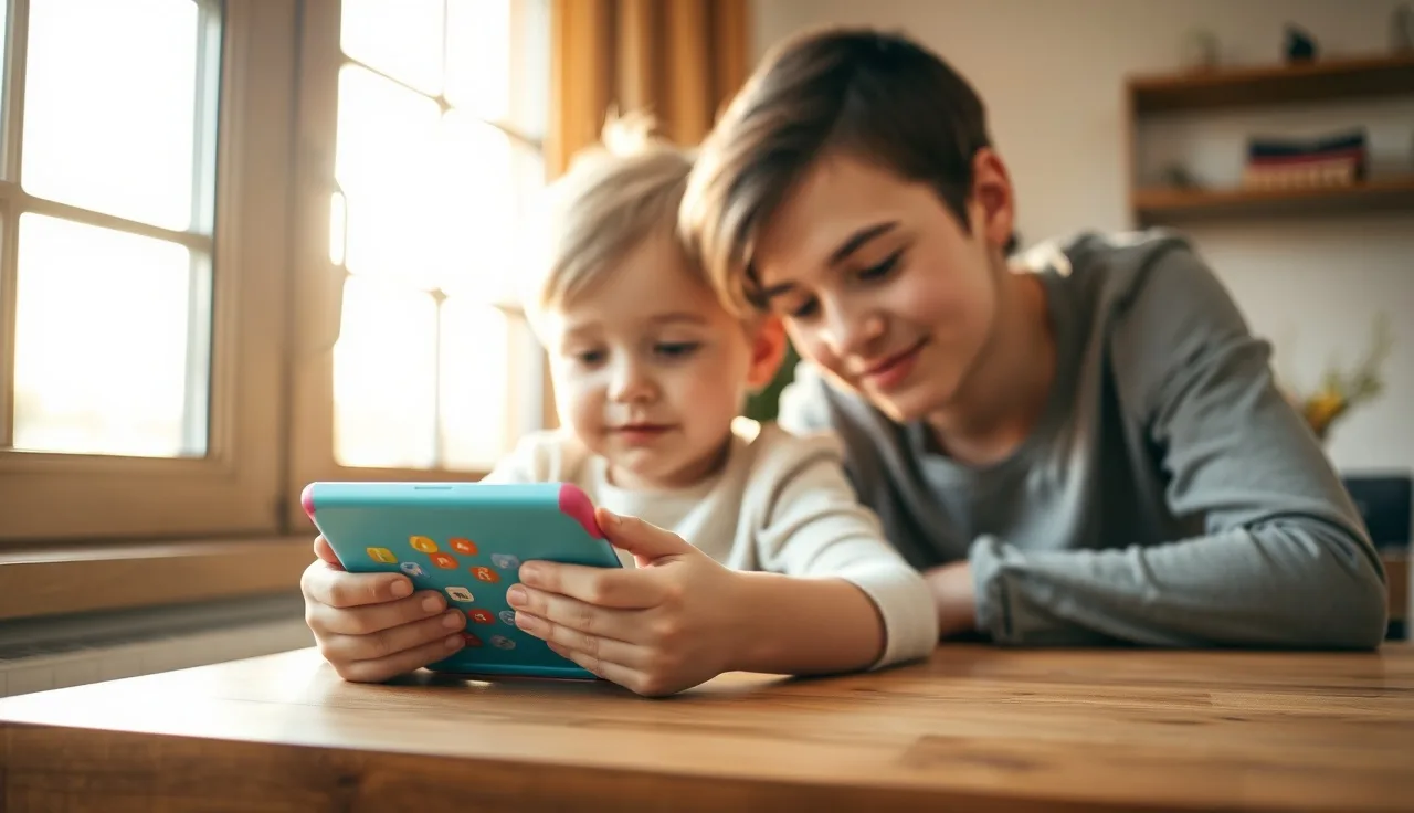 Child using an AAC communication tablet at home with parent nearby