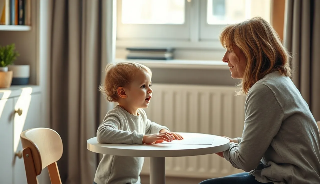 Child practicing speech sounds with a therapist in a quiet therapy room