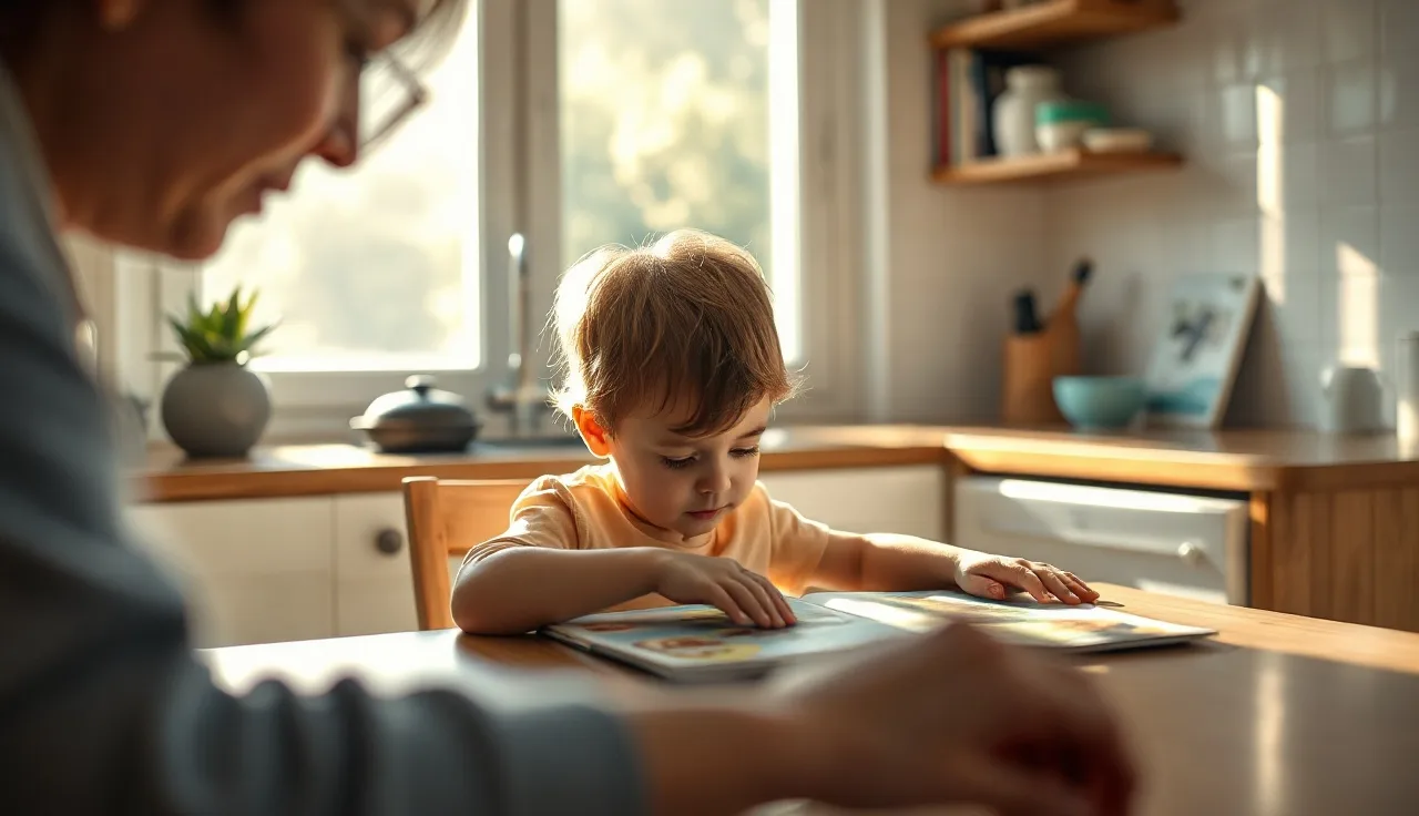 Young child sitting quietly at kitchen table with parent nearby, communication moment