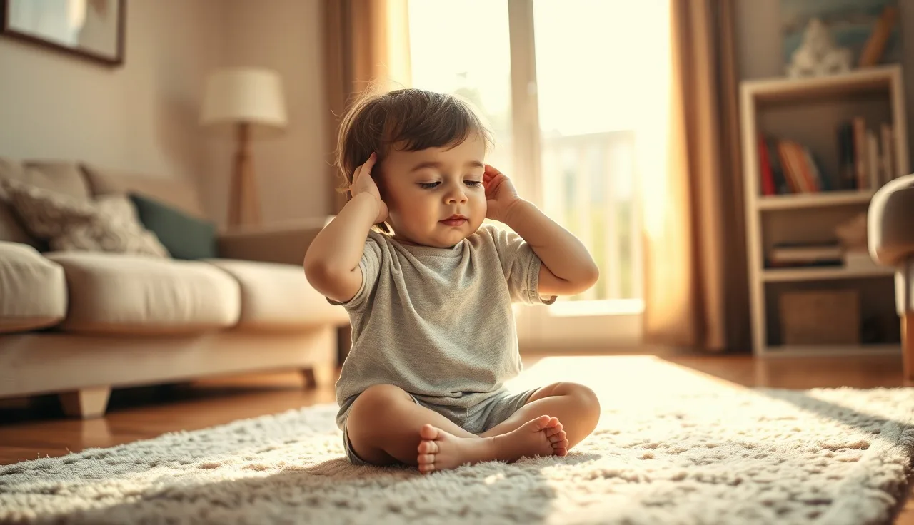 Young child covering ears with hands in a quiet sunlit room, sensory sensitivity