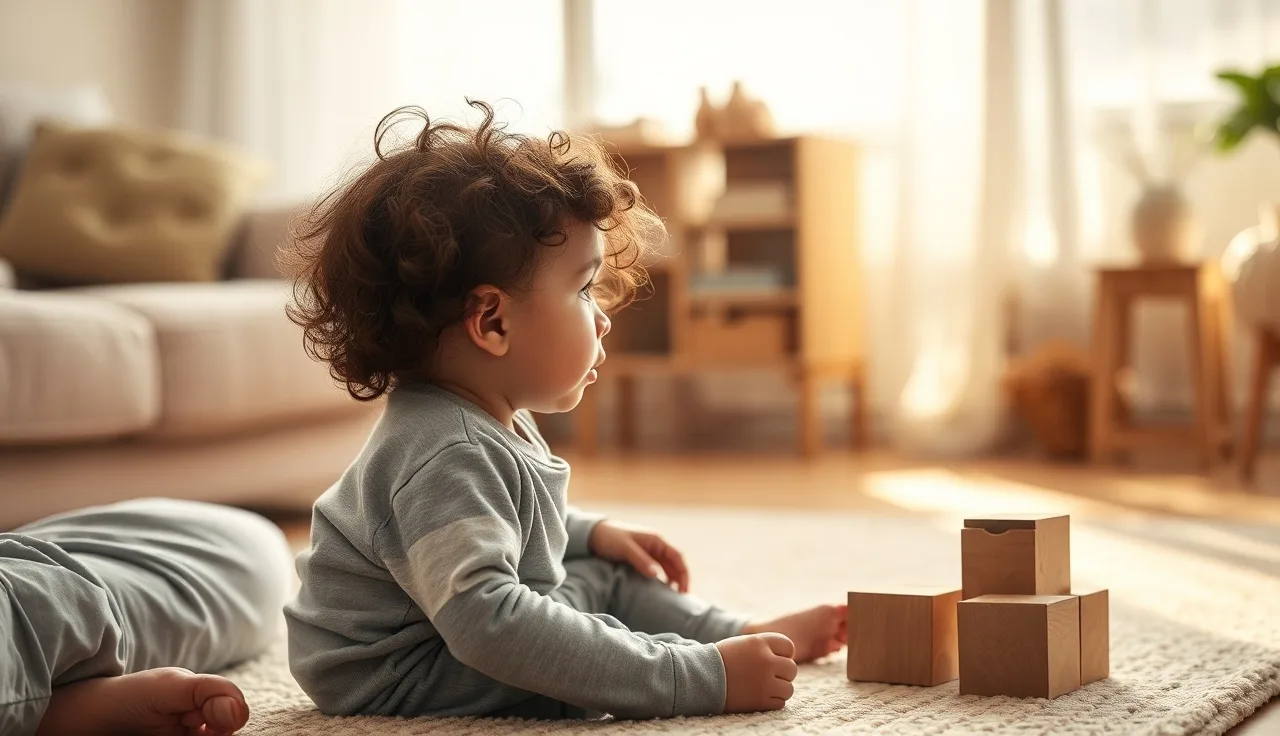 Quiet toddler sitting on a rug listening to parent talk, warm indoor light