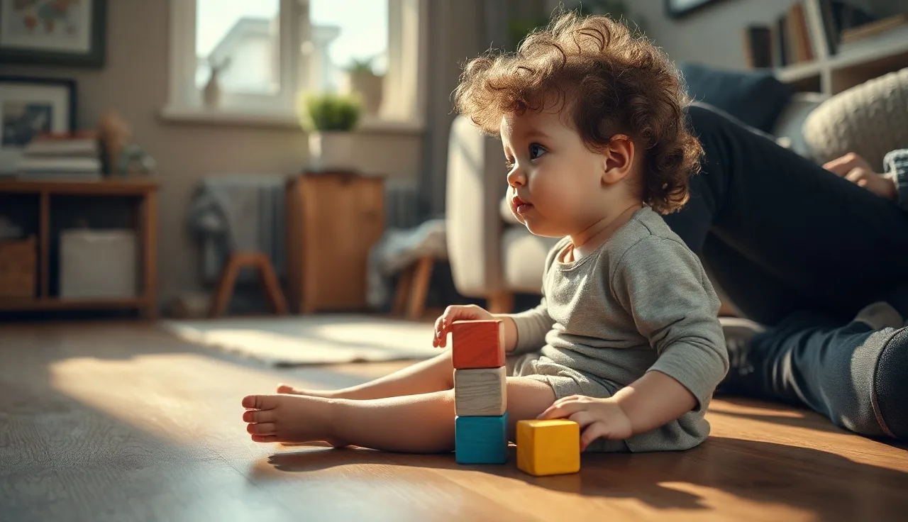 Autistic toddler playing with blocks on a floor while adult watches nearby