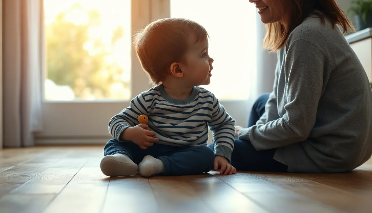 Toddler and parent communicating on the floor, parent speaking to speech-delayed child