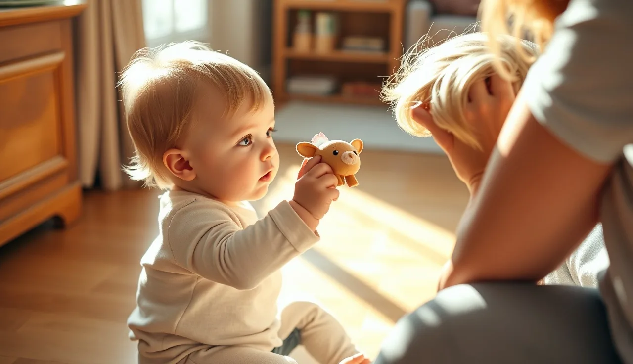 Toddler holding toy animal up toward parent while making eye contact indoors