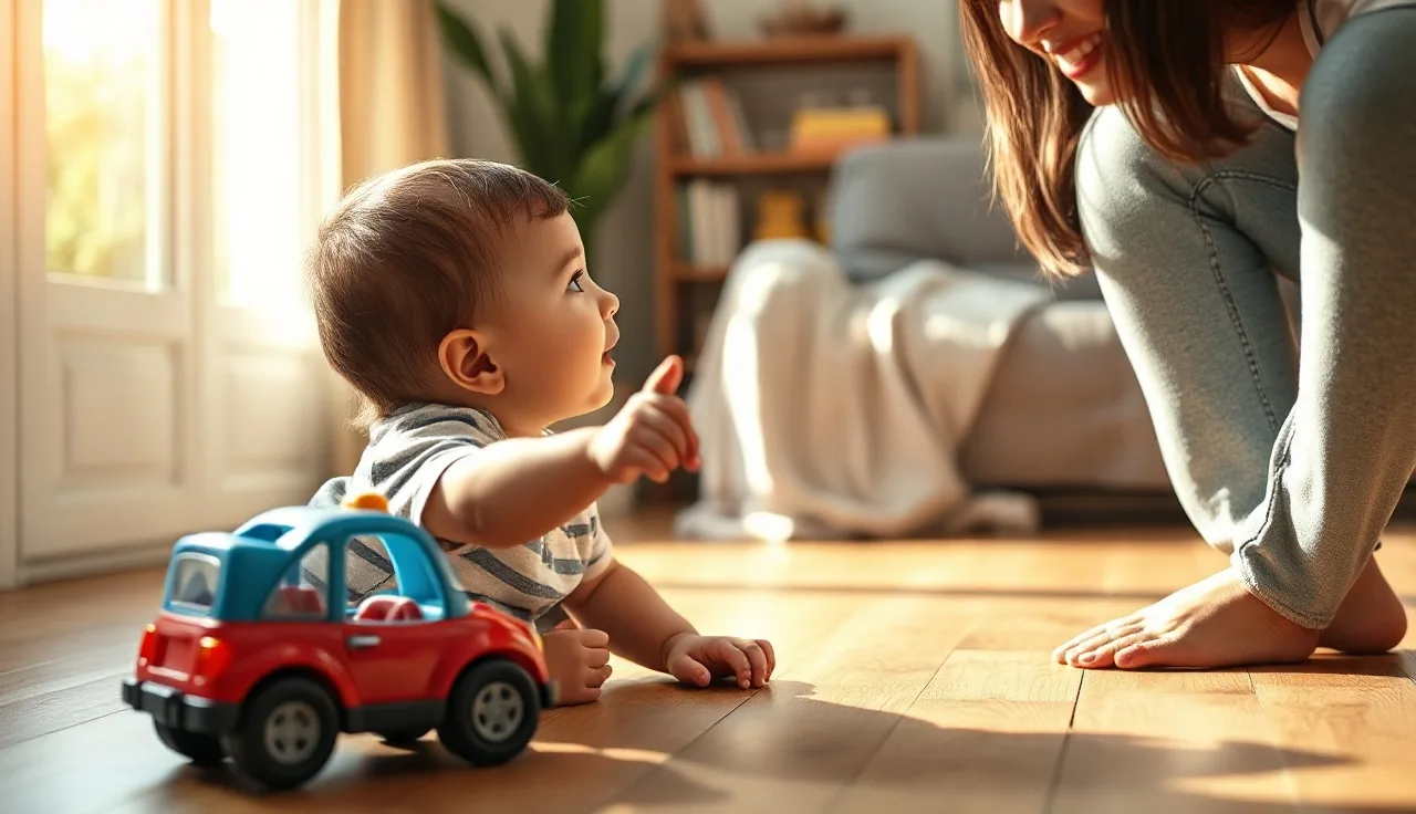 Toddler and parent sharing attention over a toy on a sunny living room floor