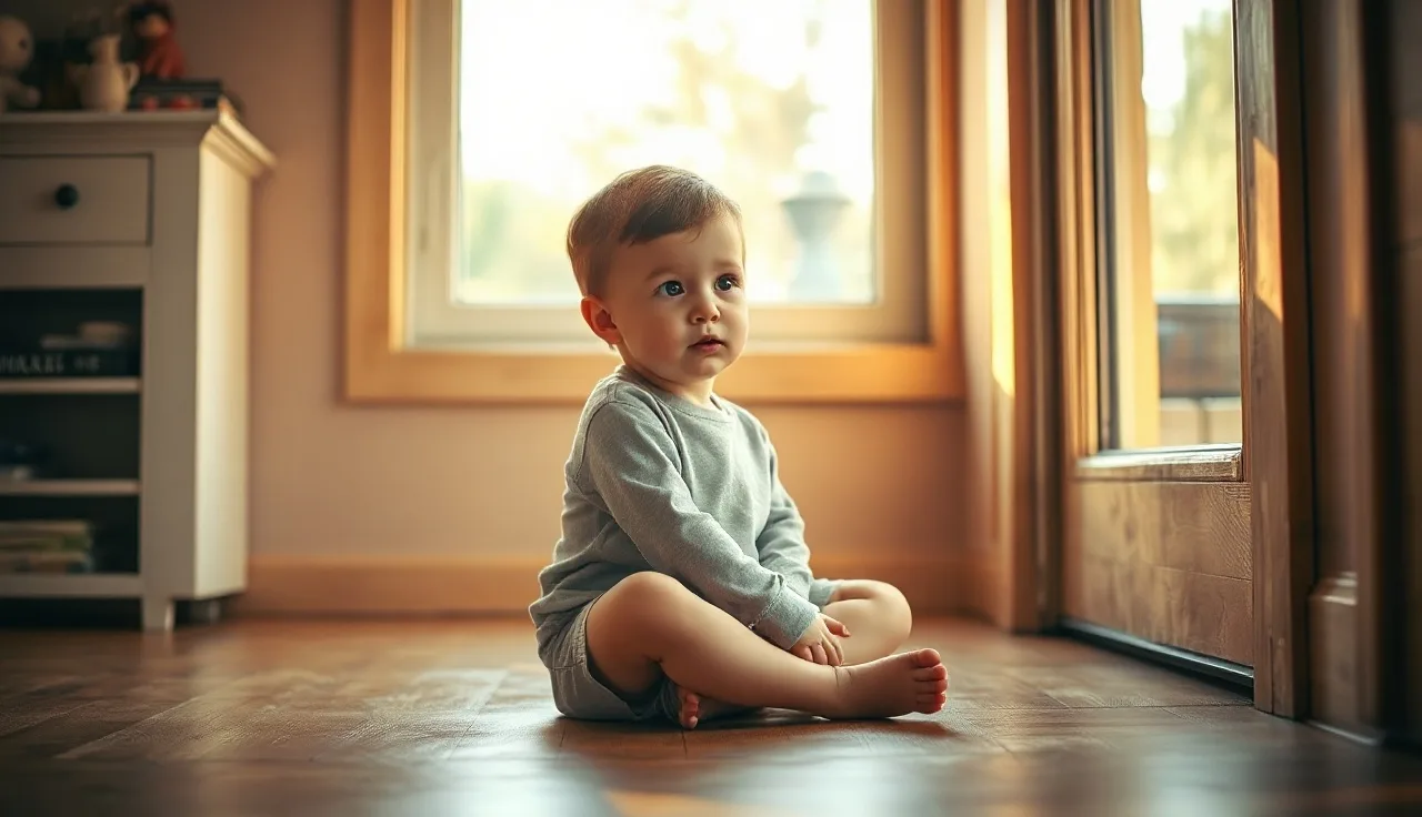 Young child mouthing words silently near a sunlit window at home
