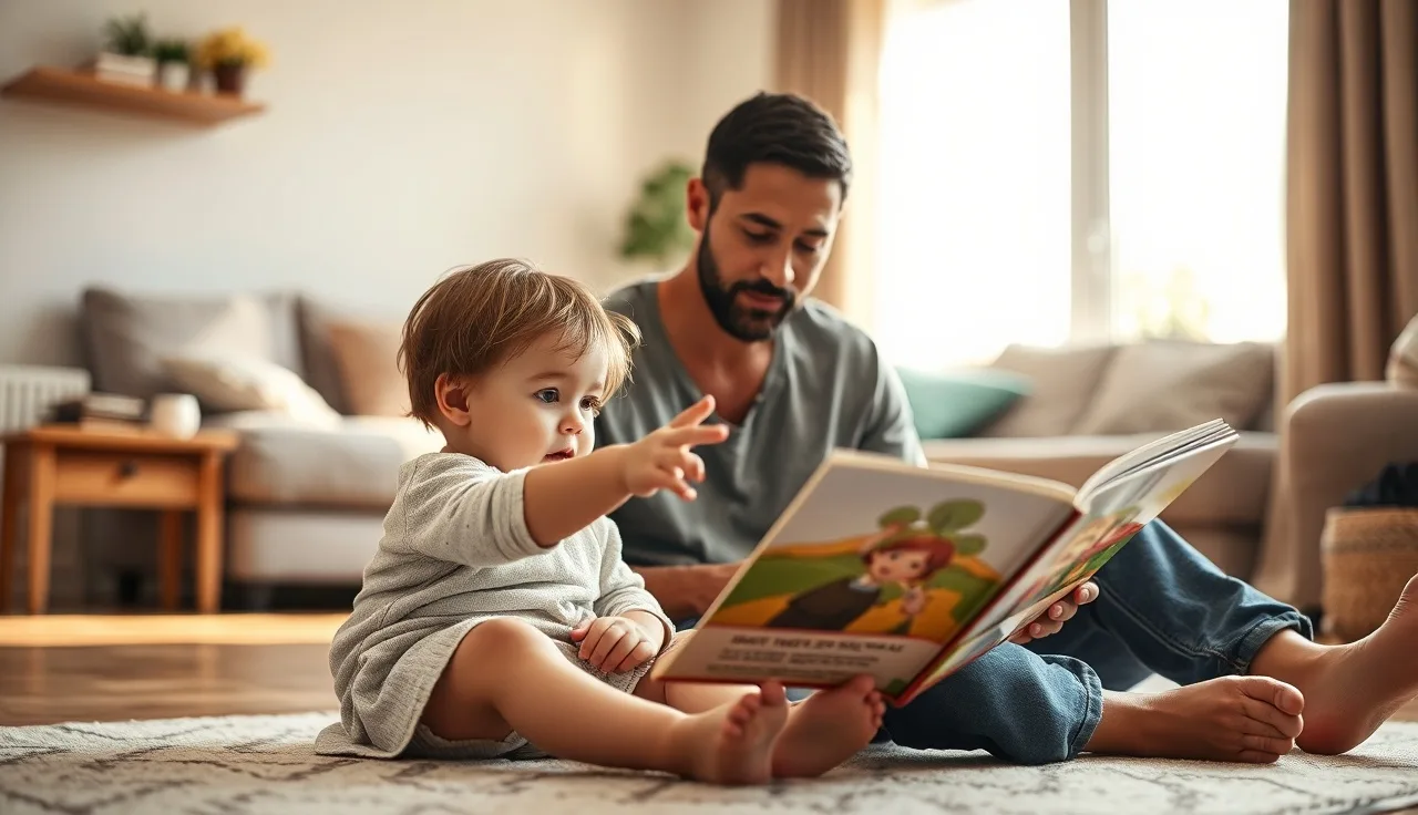 Young autistic child and parent sharing a book during a social communication moment at home