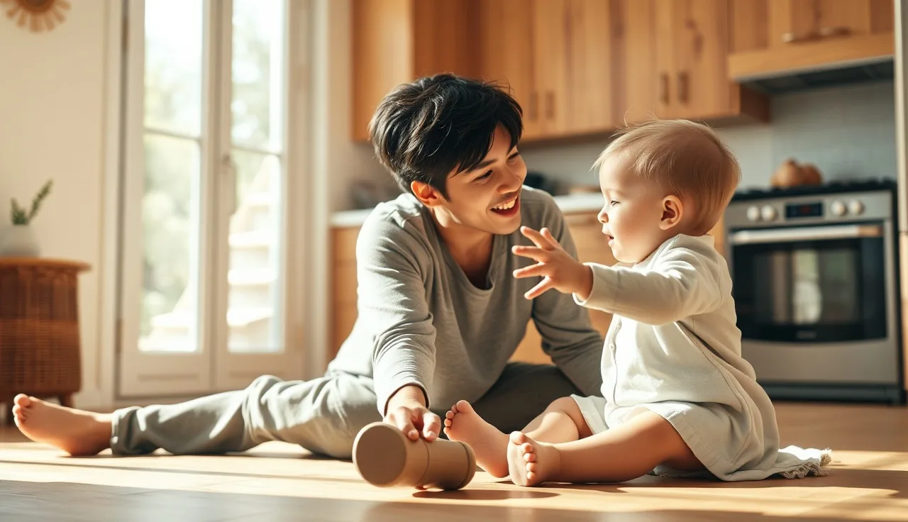 Parent singing face-to-face with toddler on kitchen floor in morning light