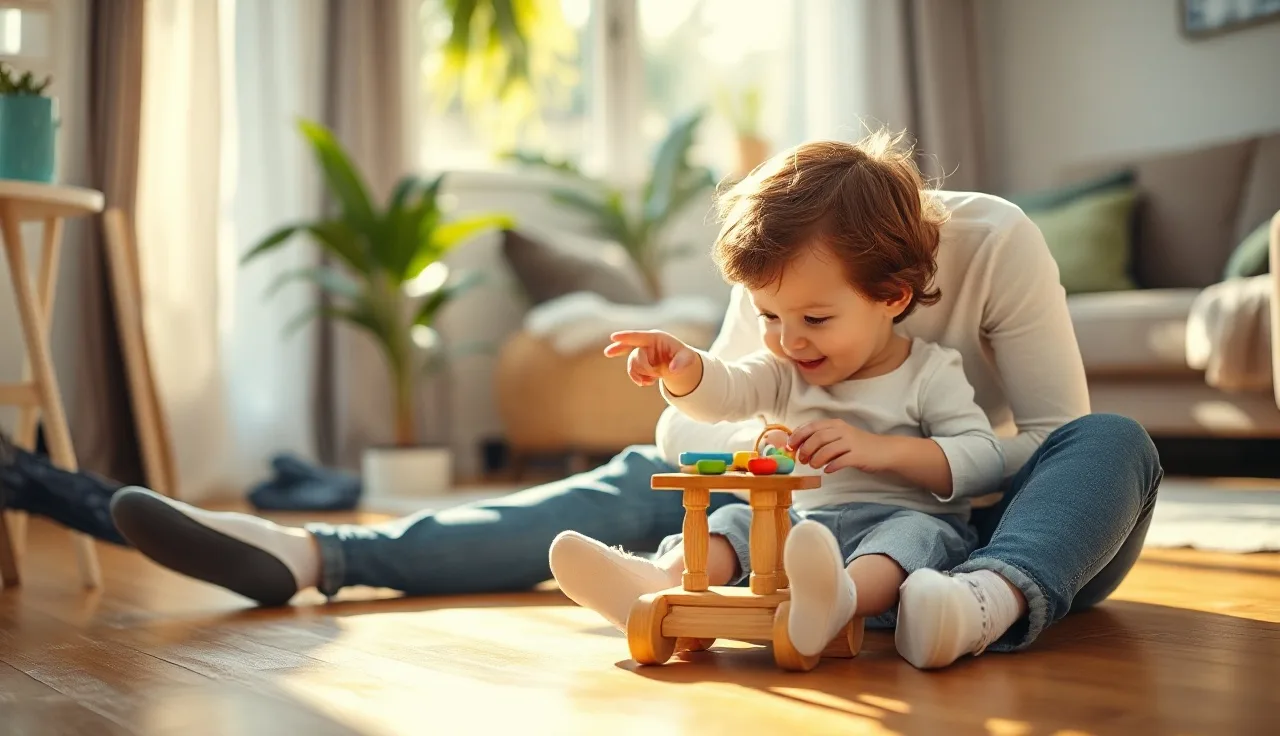 Toddler pointing at a toy while parent listens, illustrating speech milestones