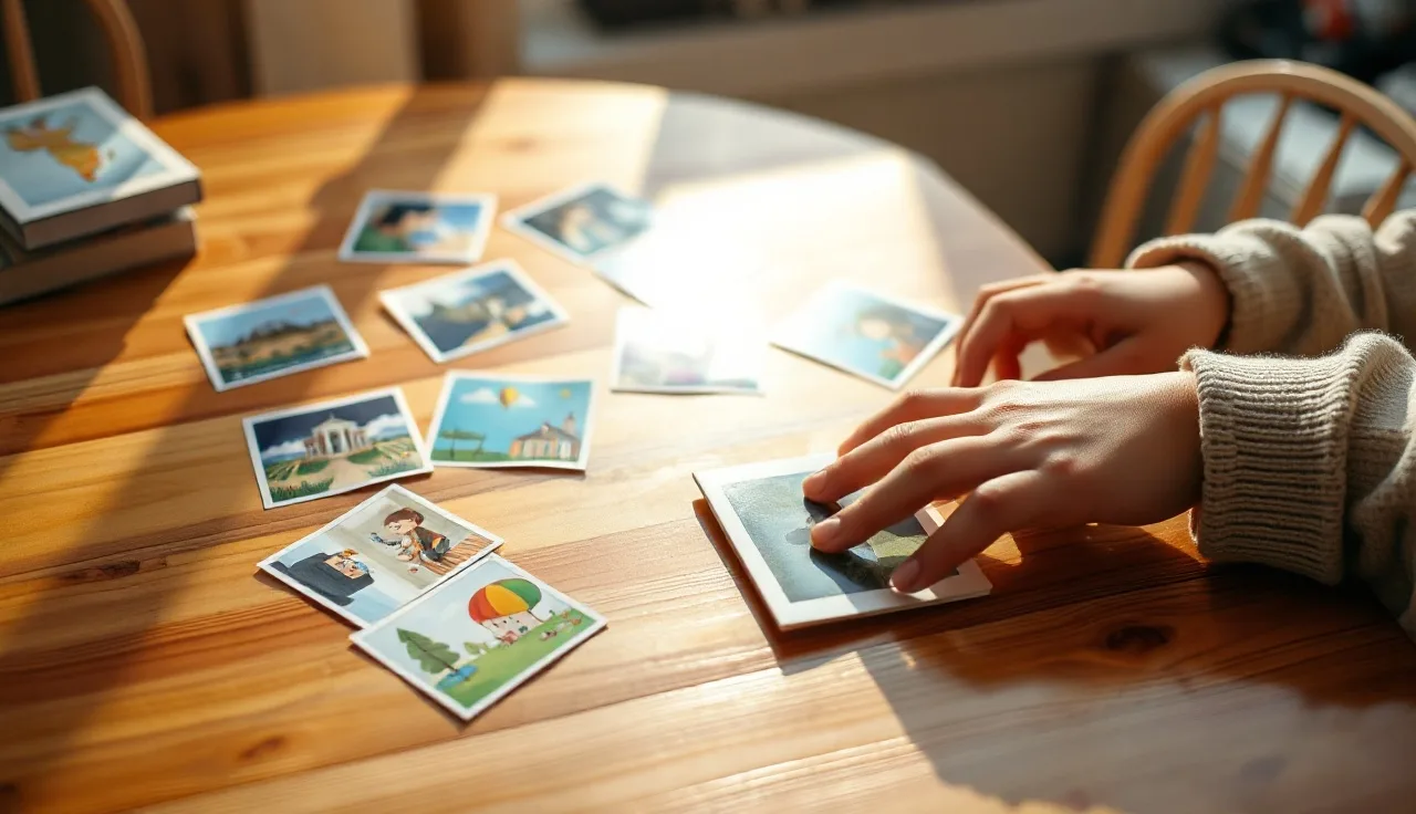 Child's hand pointing at picture communication cards on a wooden table