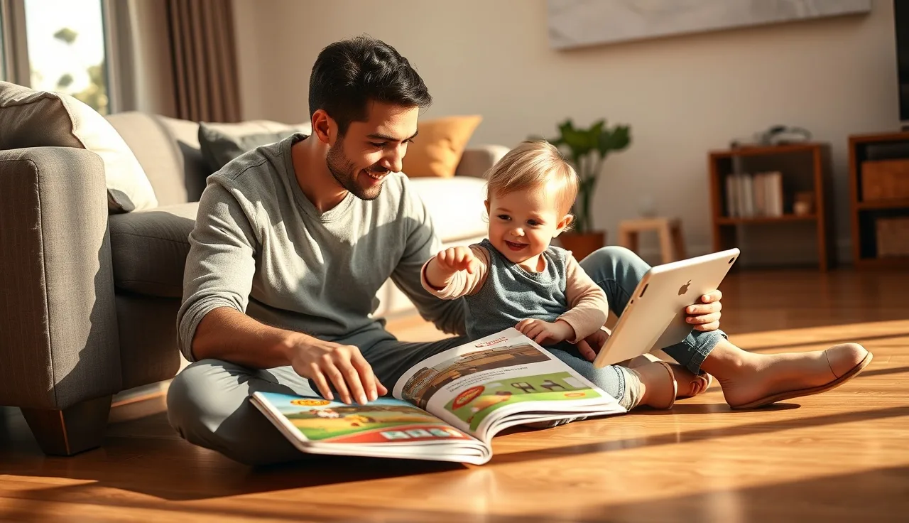 Parent and toddler on floor with book and tablet, exploring language together