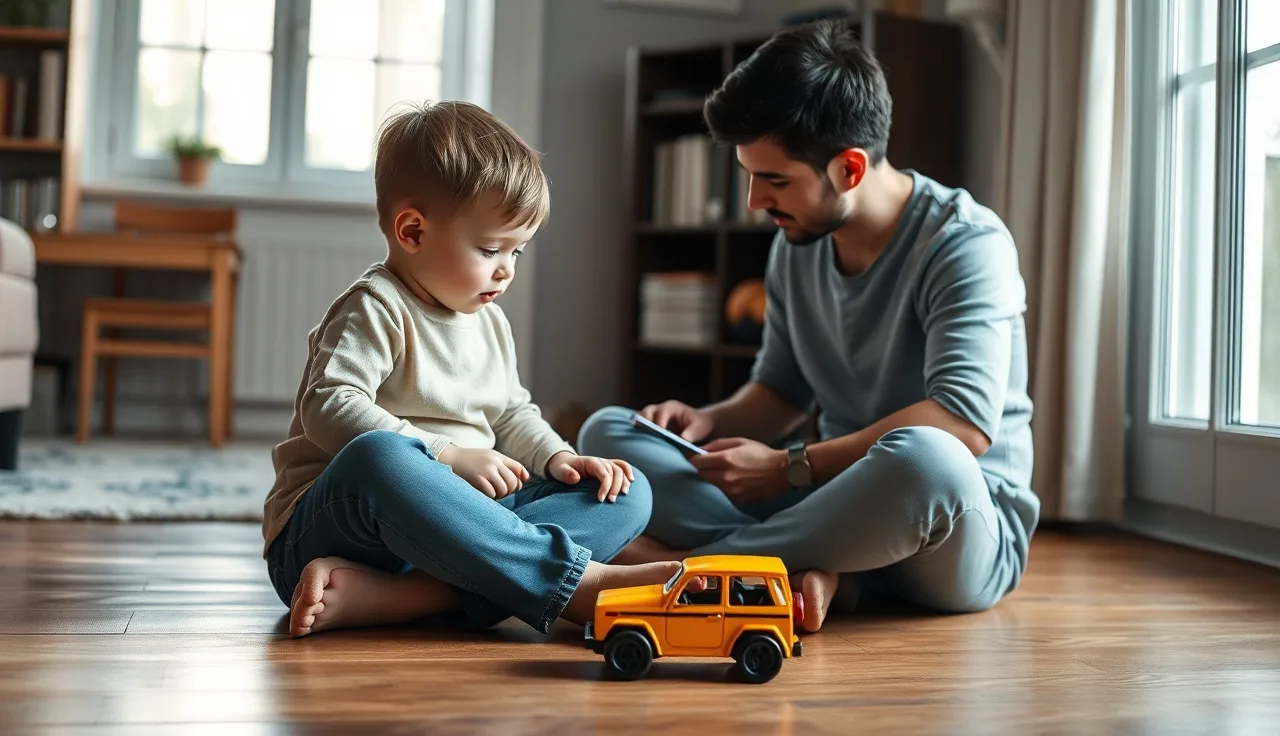 Parent and toddler on floor sharing a toy, close eye contact, soft home light