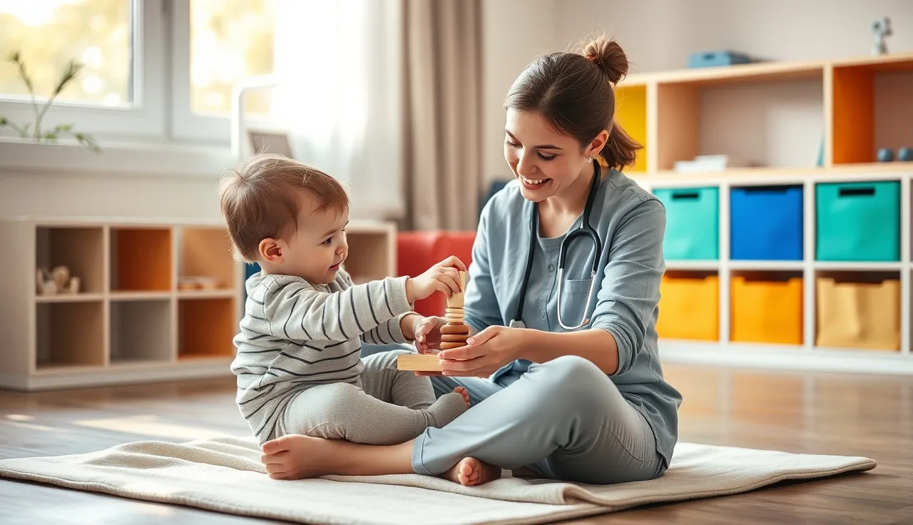 Speech-language pathologist and toddler playing during a speech evaluation session