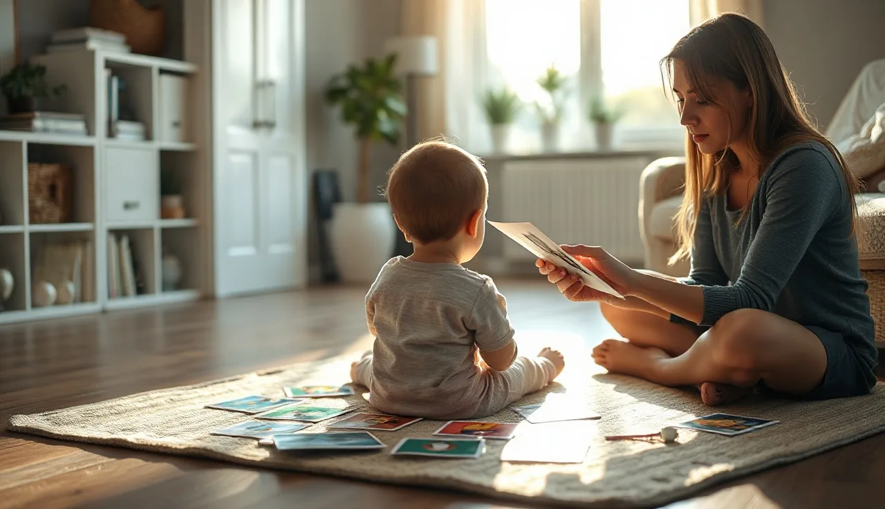 Toddler and speech therapist working with picture cards during a home speech session