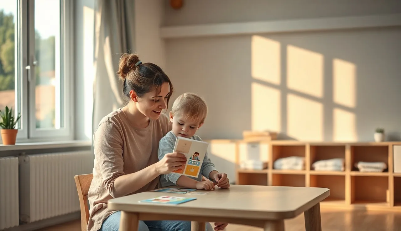 Speech therapist and young child working together at a table with picture cards
