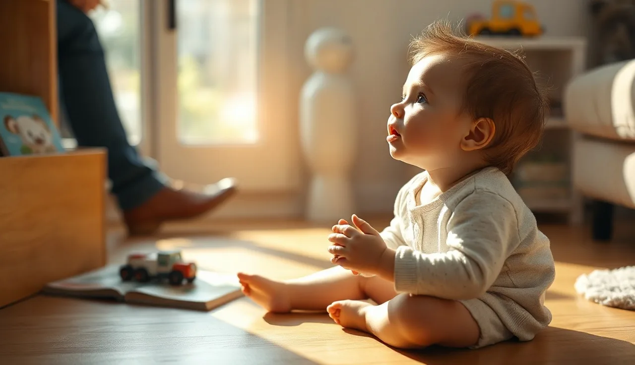 Toddler on wooden floor holding toy, looking up toward adult during play