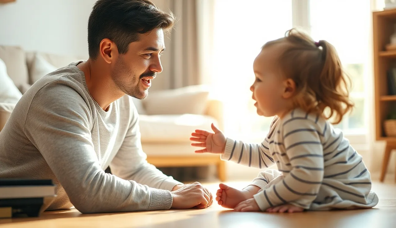 Parent speaking closely to a baby on a wooden floor in warm light