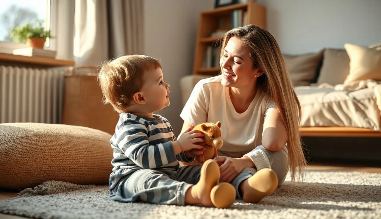 Toddler and parent sitting together on a rug, child holding a toy and looking up