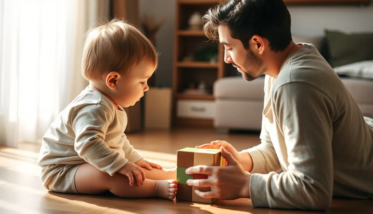Toddler and parent playing with wooden blocks during speech development activity