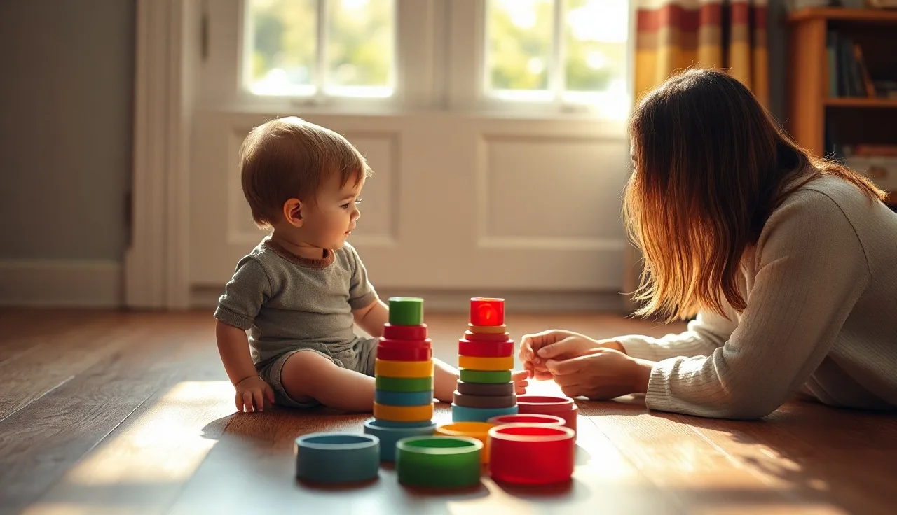 Toddler and parent playing together on a floor, parent encouraging speech during play