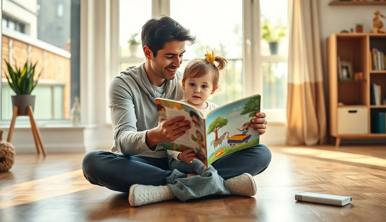 Parent and toddler reading a picture book together during home speech therapy