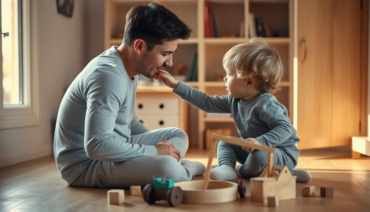 Toddler and parent playing face to face on floor, exploring speech and communication