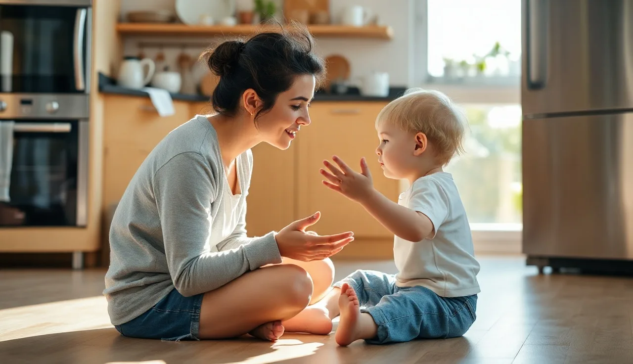 Toddler and parent communicating during play on a sunlit kitchen floor