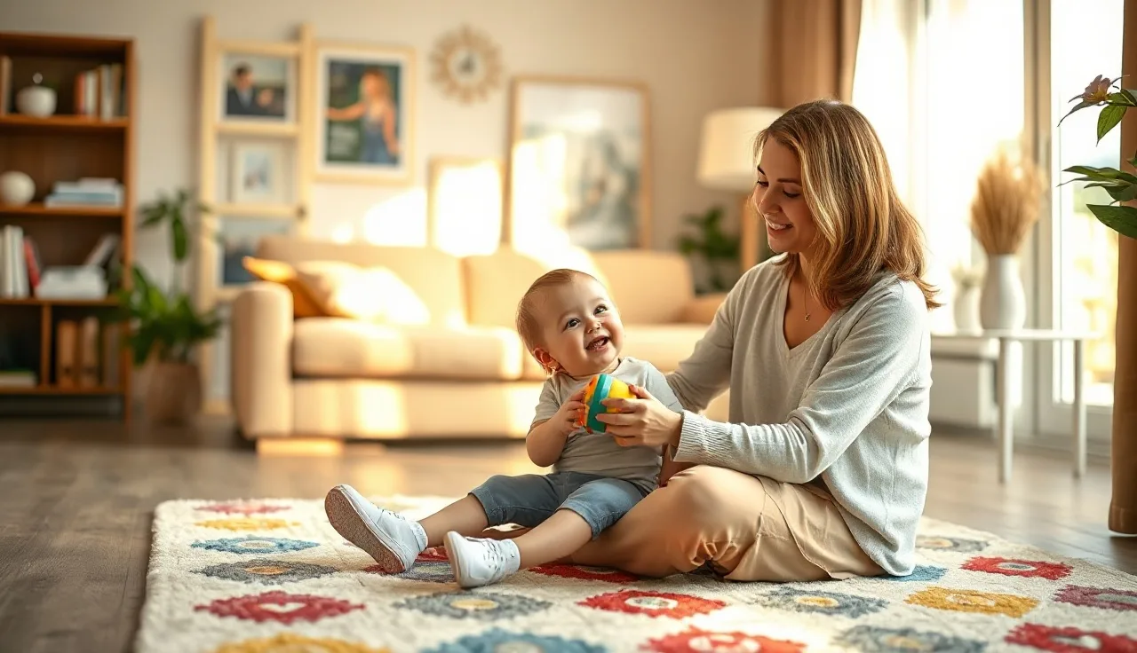 Toddler and adult talking on a rug during speech practice at home