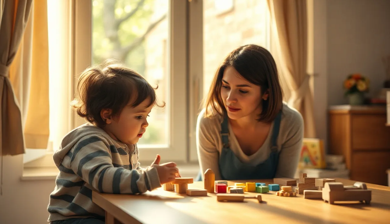 Child and speech therapist at a table during a speech evaluation session