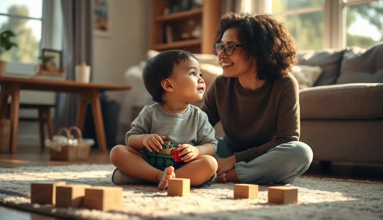 Toddler holding toy train makes eye contact with parent during speech activity