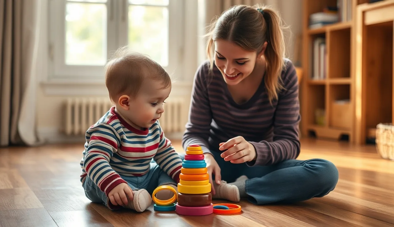 Young child with hearing aids playing on the floor with a parent