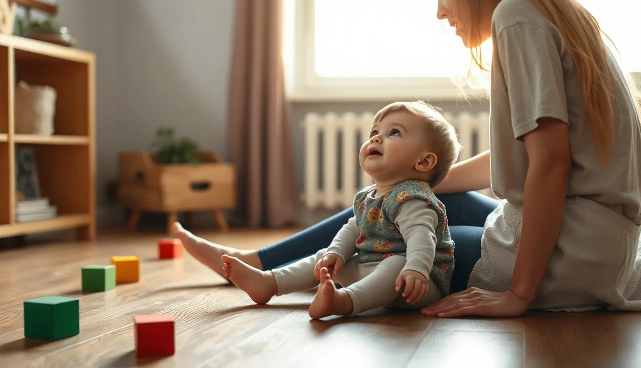 Toddler listening to parent speak during morning playtime on wooden floor
