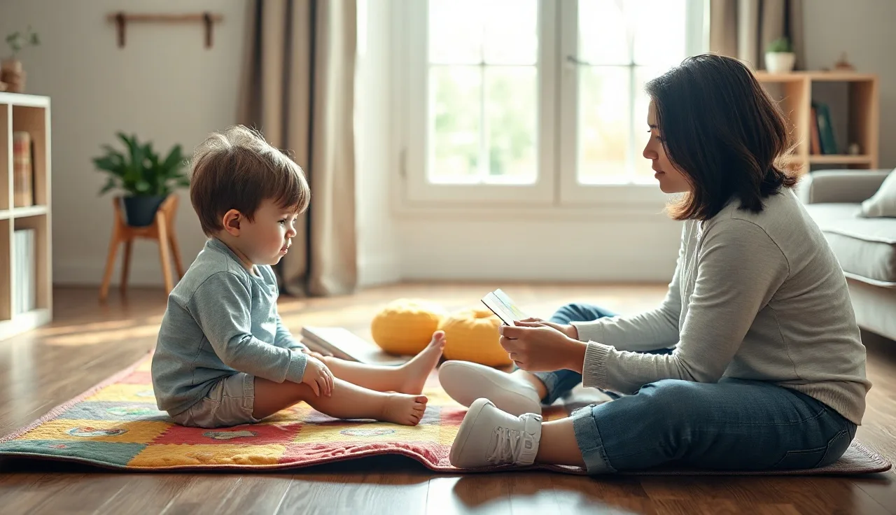 Preschooler and adult doing speech therapy activities with picture cards at home