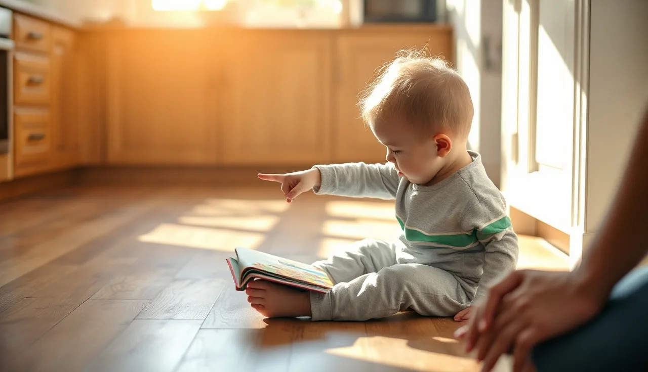 Toddler pointing at a picture book during speech development play at home