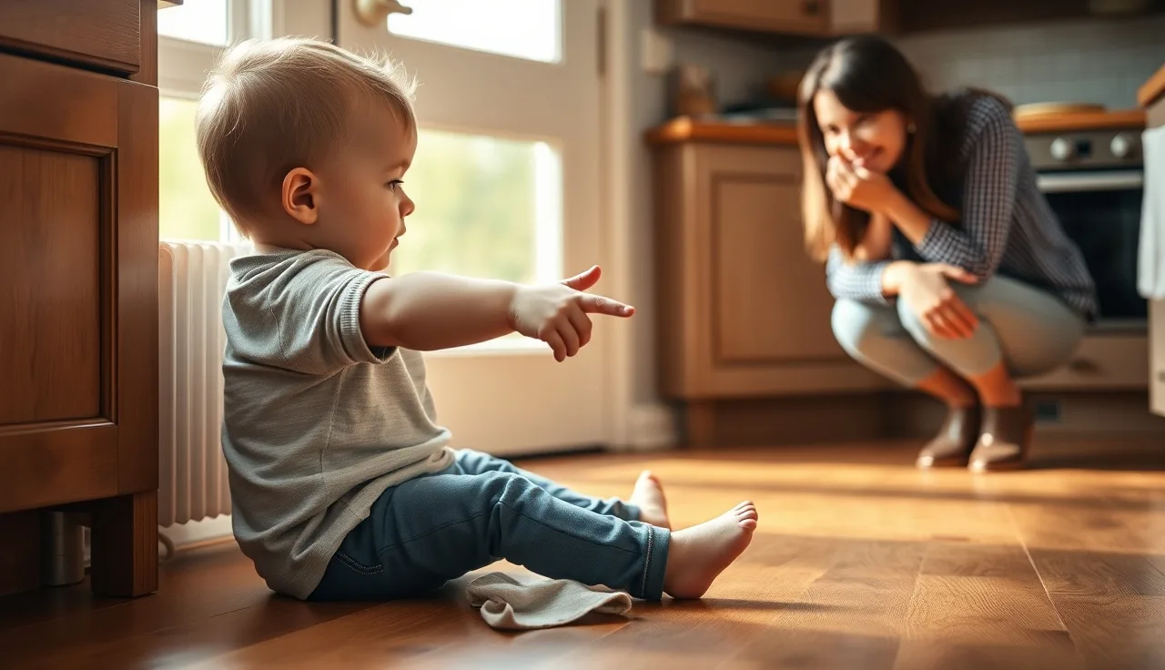 Toddler pointing across a sunlit kitchen floor while a parent watches attentively