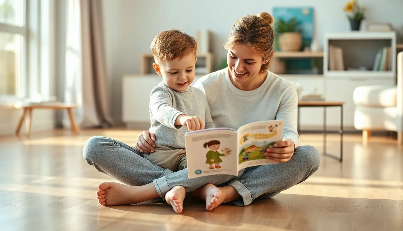 Toddler pointing at a book page while parent watches attentively during speech play