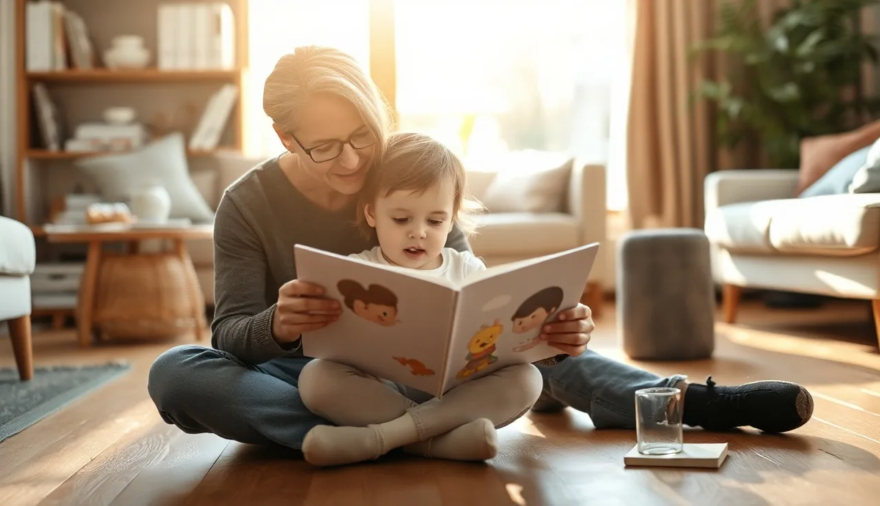 Toddler and parent reading a picture book together on a wooden floor
