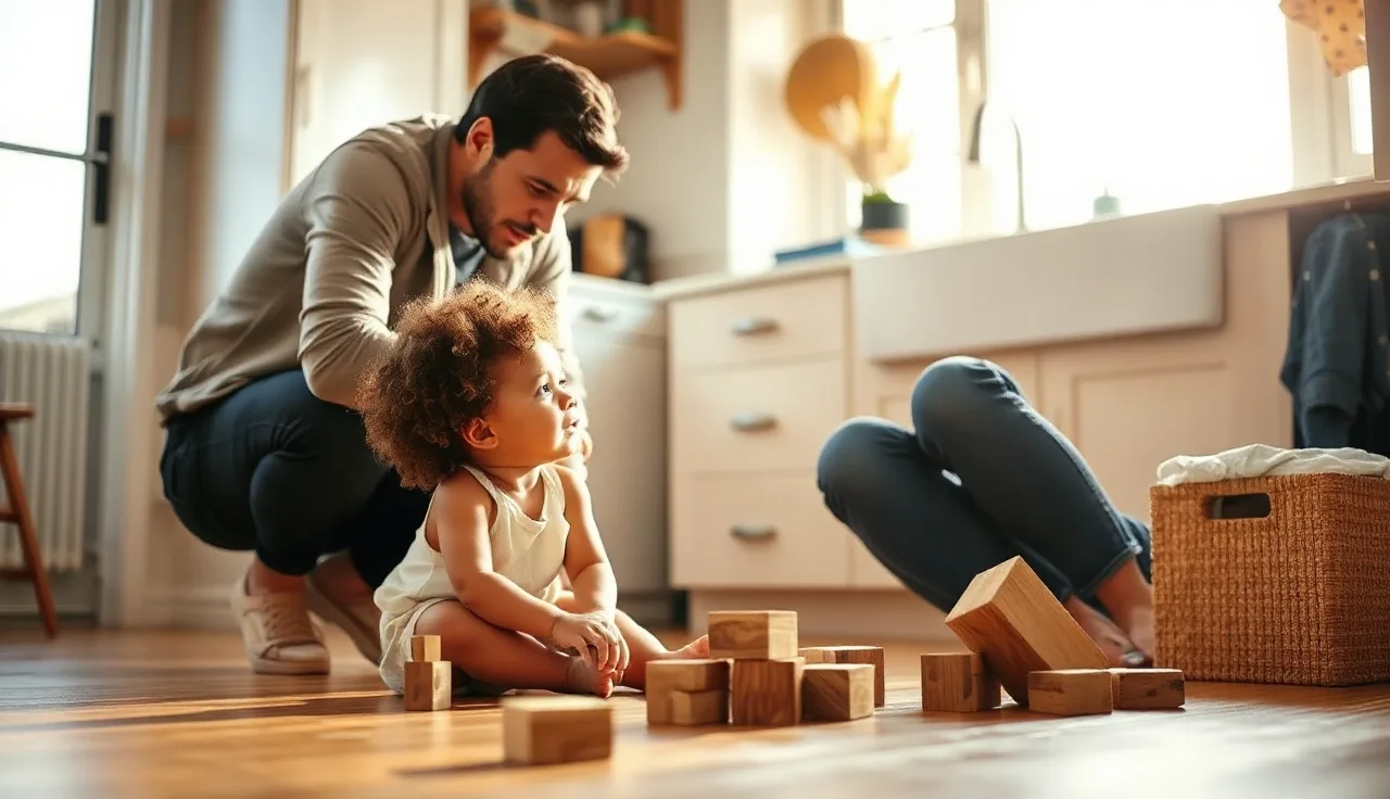 Toddler and parent playing with blocks on kitchen floor, practicing early speech