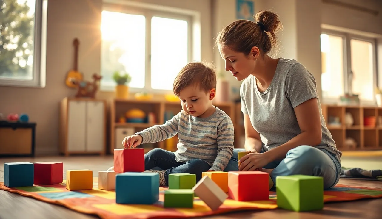 Child and therapist doing play-based speech and OT therapy on a mat