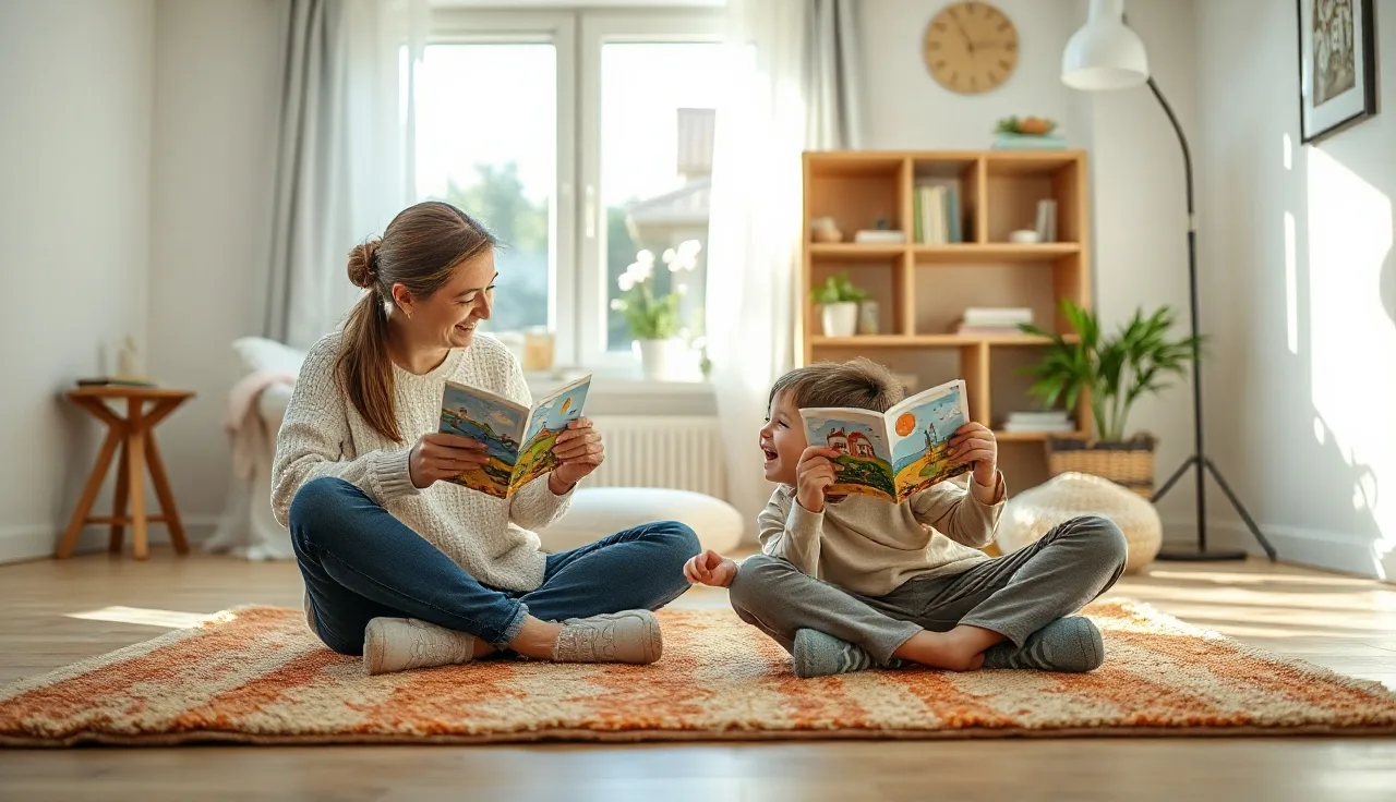 Parent and 5-year-old child practicing speech with picture cards at home