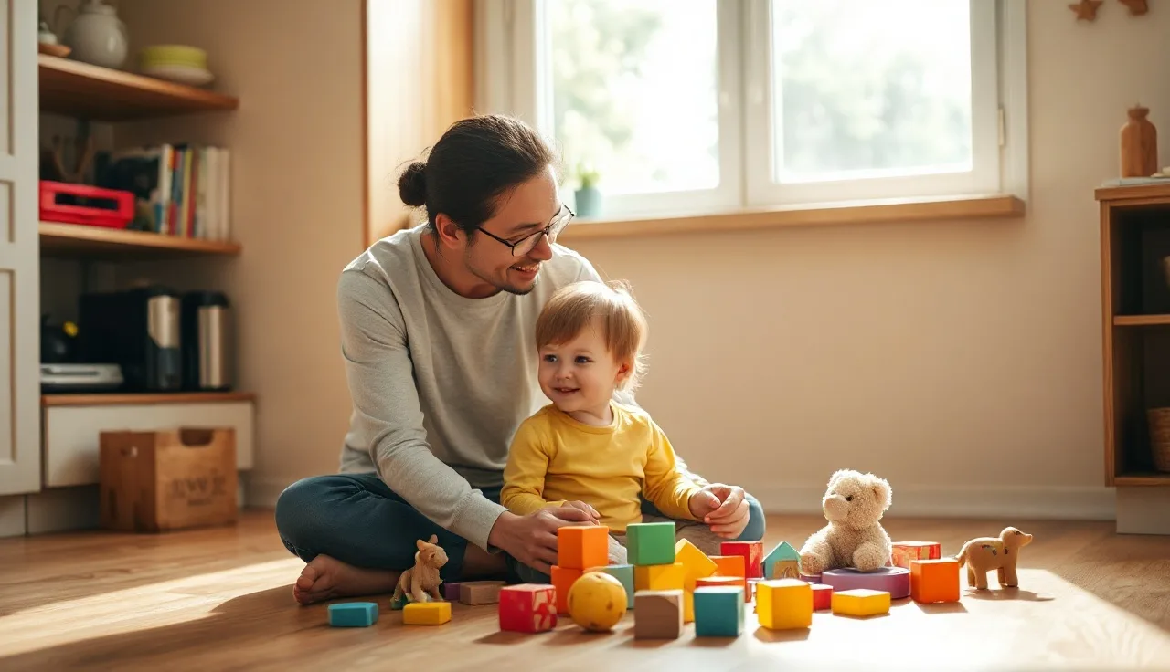 Parent and toddler playing with wooden blocks on a sunny kitchen floor