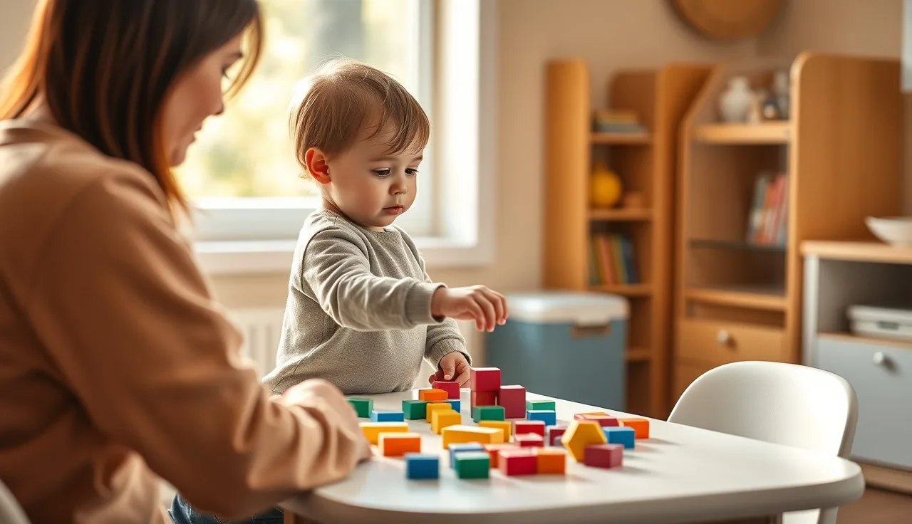 Child playing with toys during a speech therapy evaluation session in a clinic room