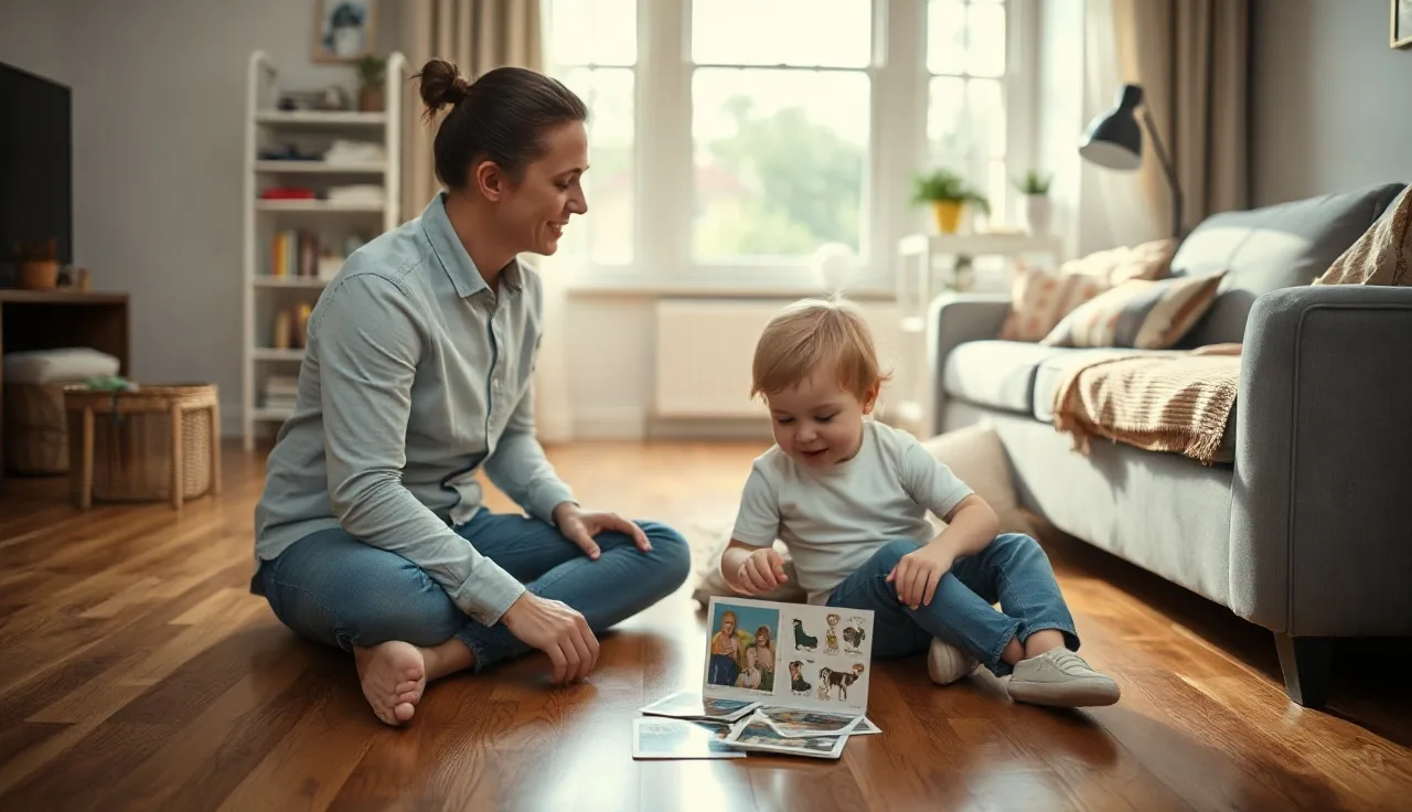 Child and adult practicing speech therapy exercises with picture cards on a wooden floor