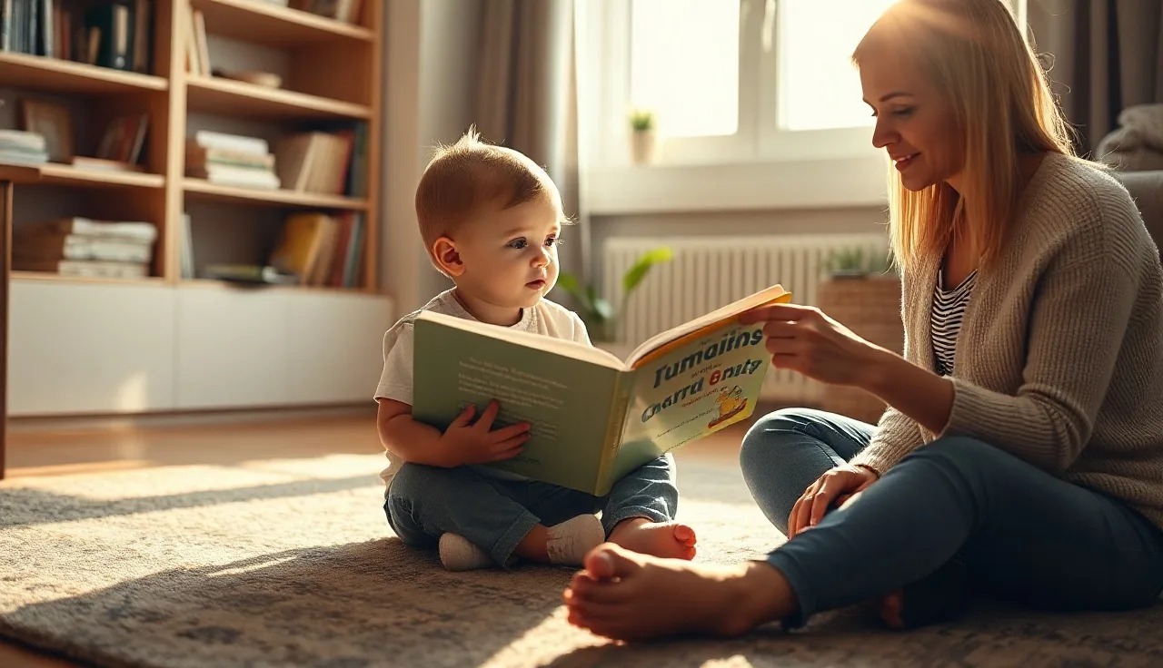 Toddler and adult sharing a board book during speech practice at home